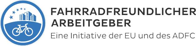 Zu sehen ist das ein Logo mit einem Fahrrad und dem Text "FAHRRADFREUNDLICHER ARBEITGEBER" und "Eine Initiative der EU und des ADFC"